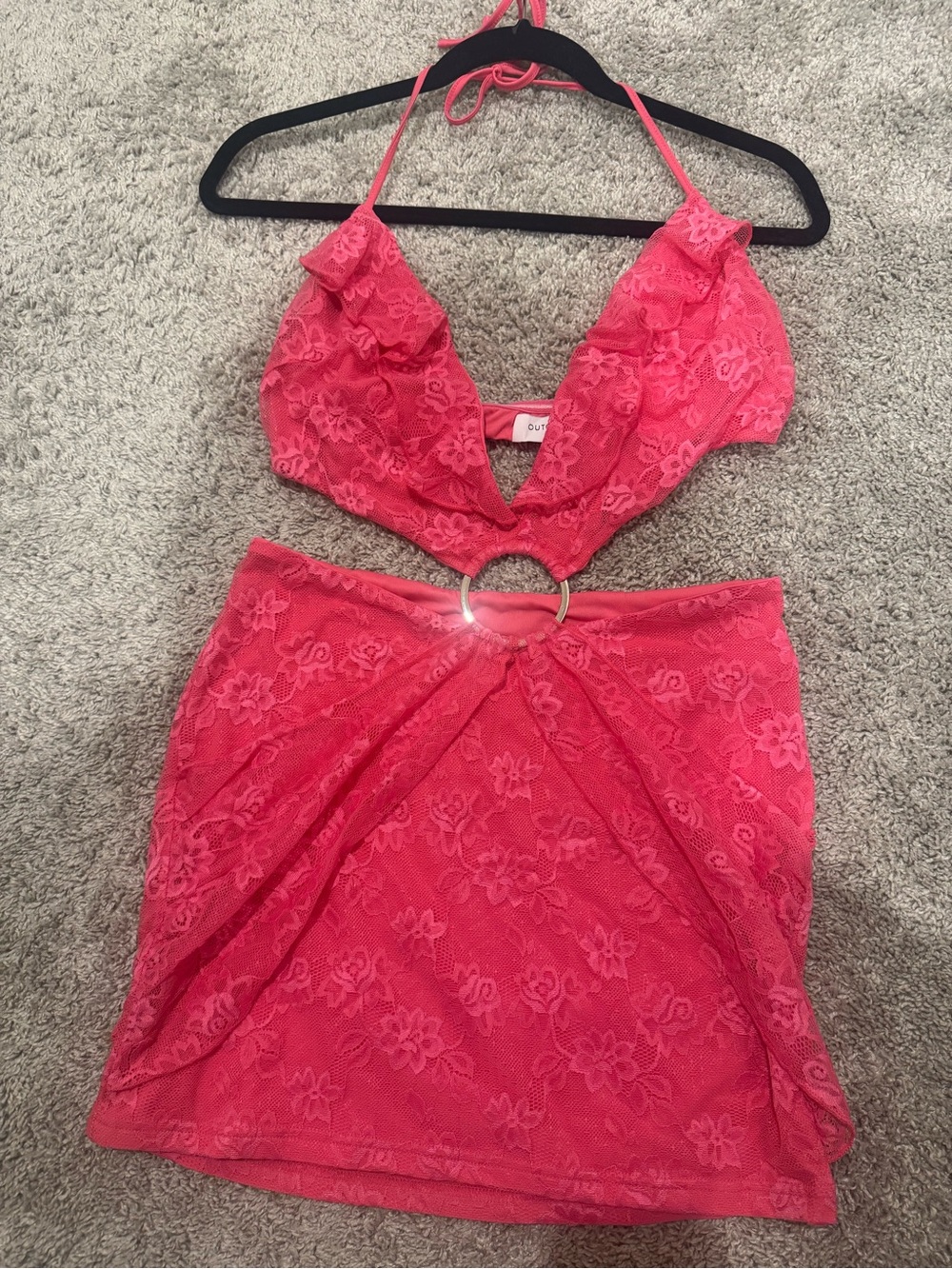 Crop Lace Mini Dress with Ring Detail - Pink